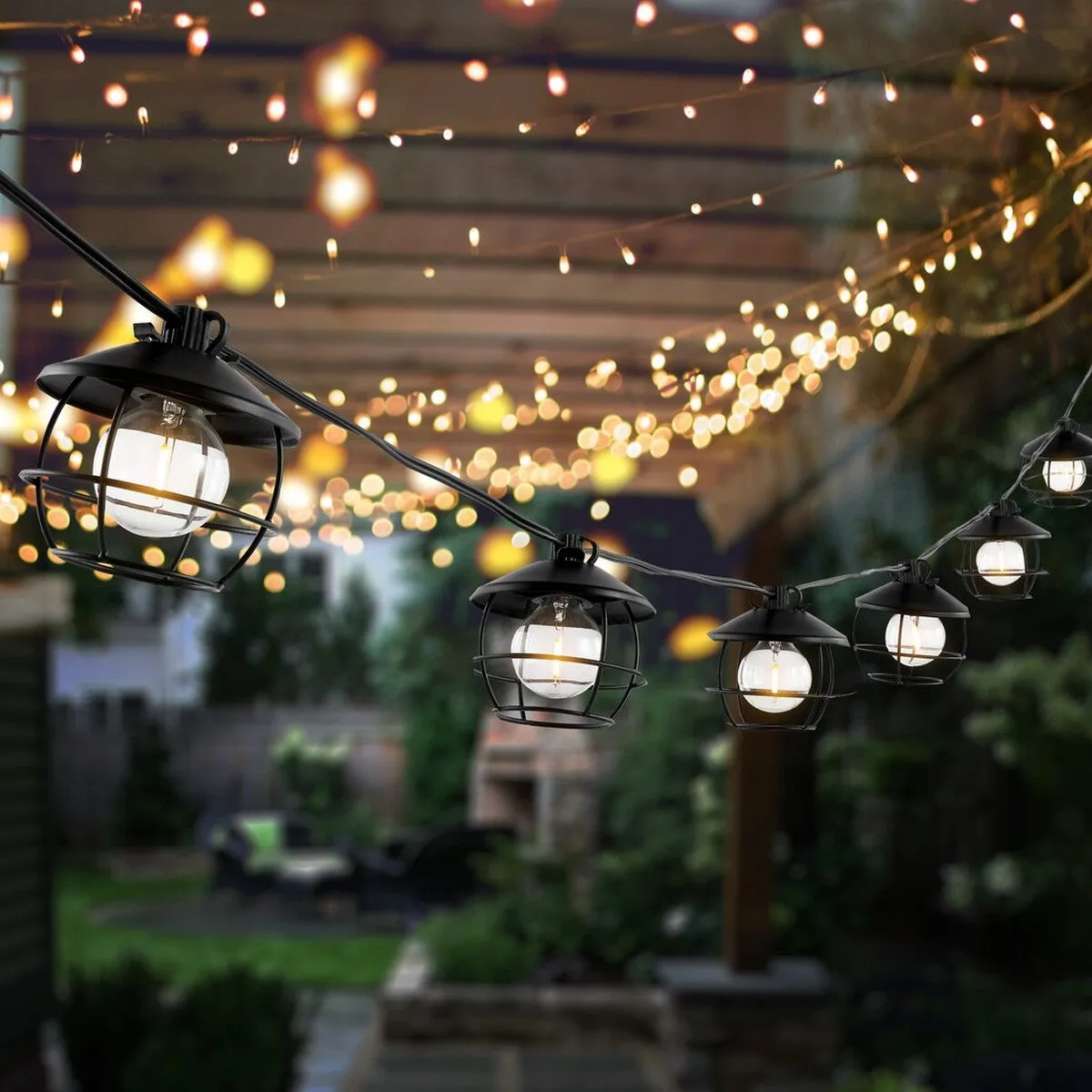 Agitha LED Outdoor String Lights - Elegant Black Birdcage Shades for Stunning Summer Gatherings