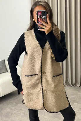 Amala Beige Contrast Trim Teddy Borg Button Front Gilet