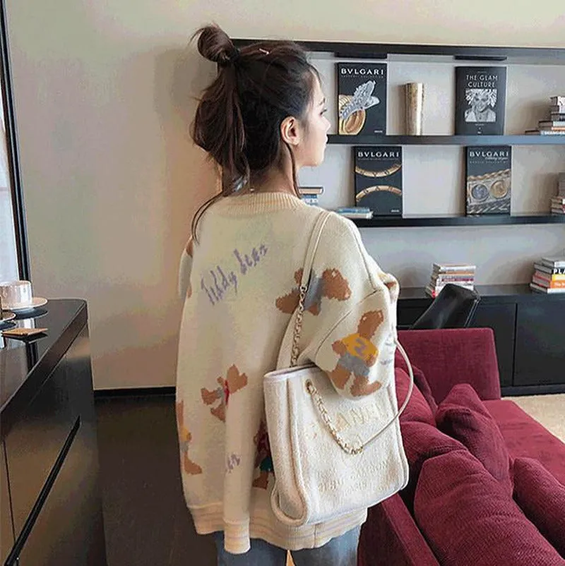 Autumn Winter V-Neck Sweater Knitwear Jacket loose fit Warm Cardigan Teddy Bear Print Outfit Coat