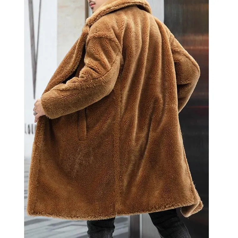 BACKWOODS | Men's Teddy Plush Long Coat with Lapel – Warm Solid Color