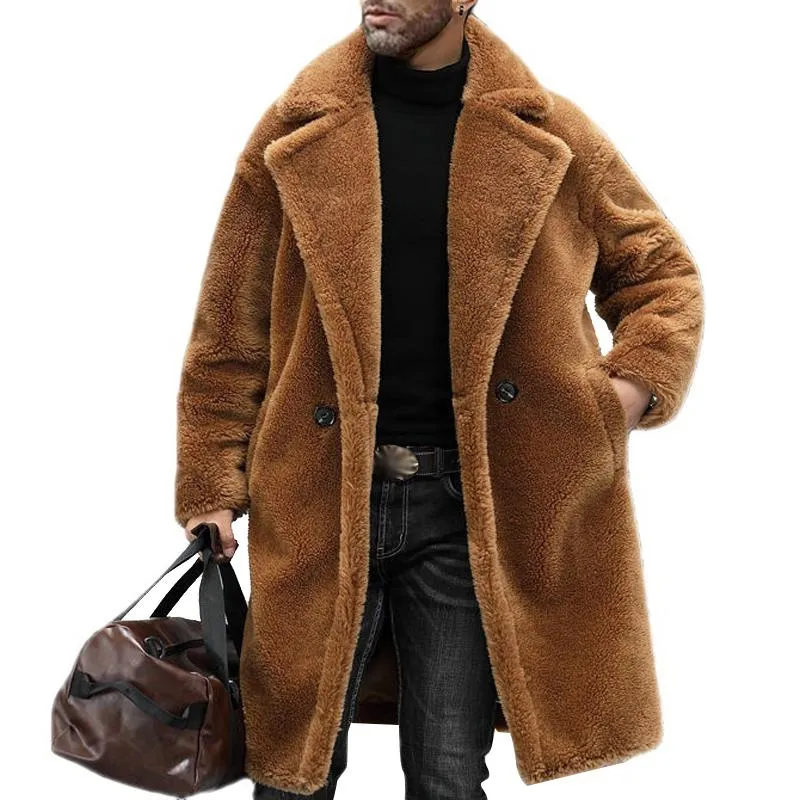 BACKWOODS | Men's Teddy Plush Long Coat with Lapel – Warm Solid Color