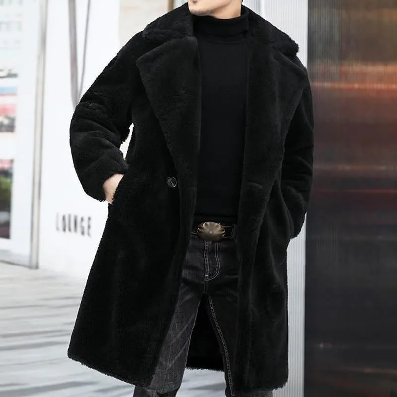 BACKWOODS | Men's Teddy Plush Long Coat with Lapel – Warm Solid Color