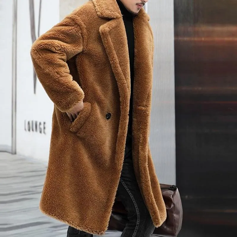 BACKWOODS | Men's Teddy Plush Long Coat with Lapel – Warm Solid Color