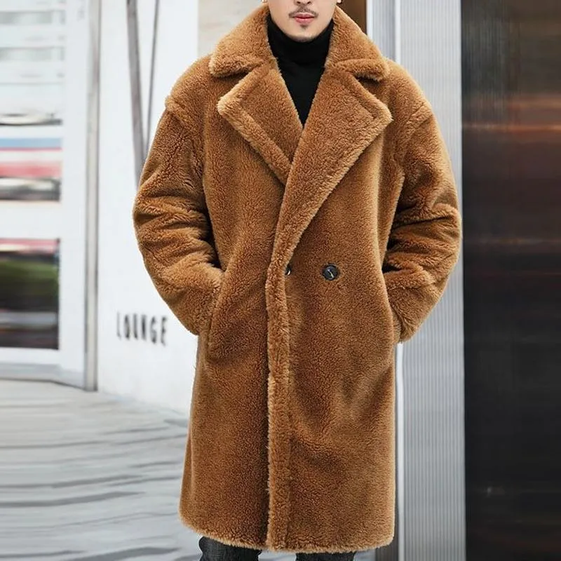BACKWOODS | Men's Teddy Plush Long Coat with Lapel – Warm Solid Color