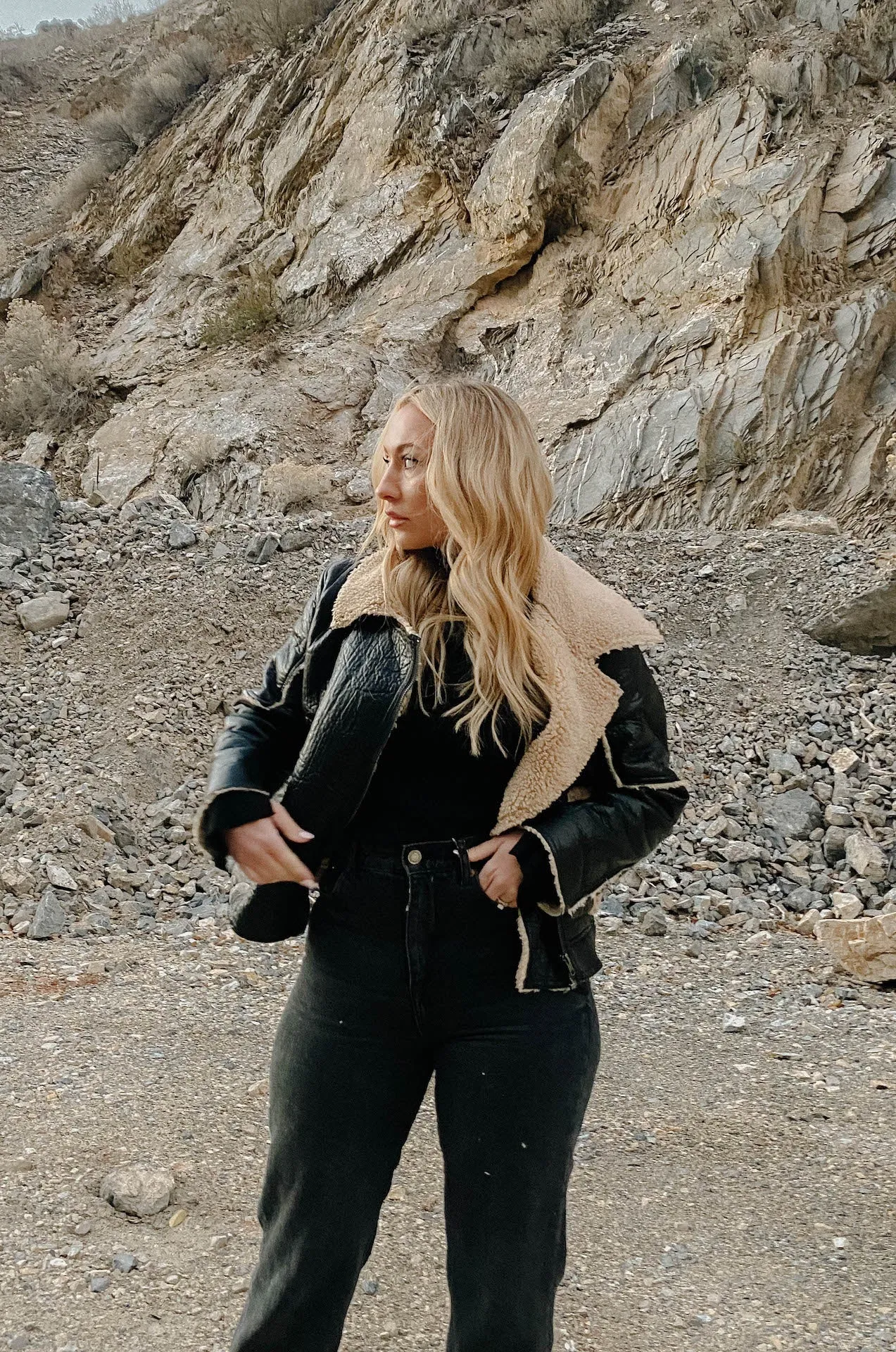 Black Leather Shearling Biker Jacket