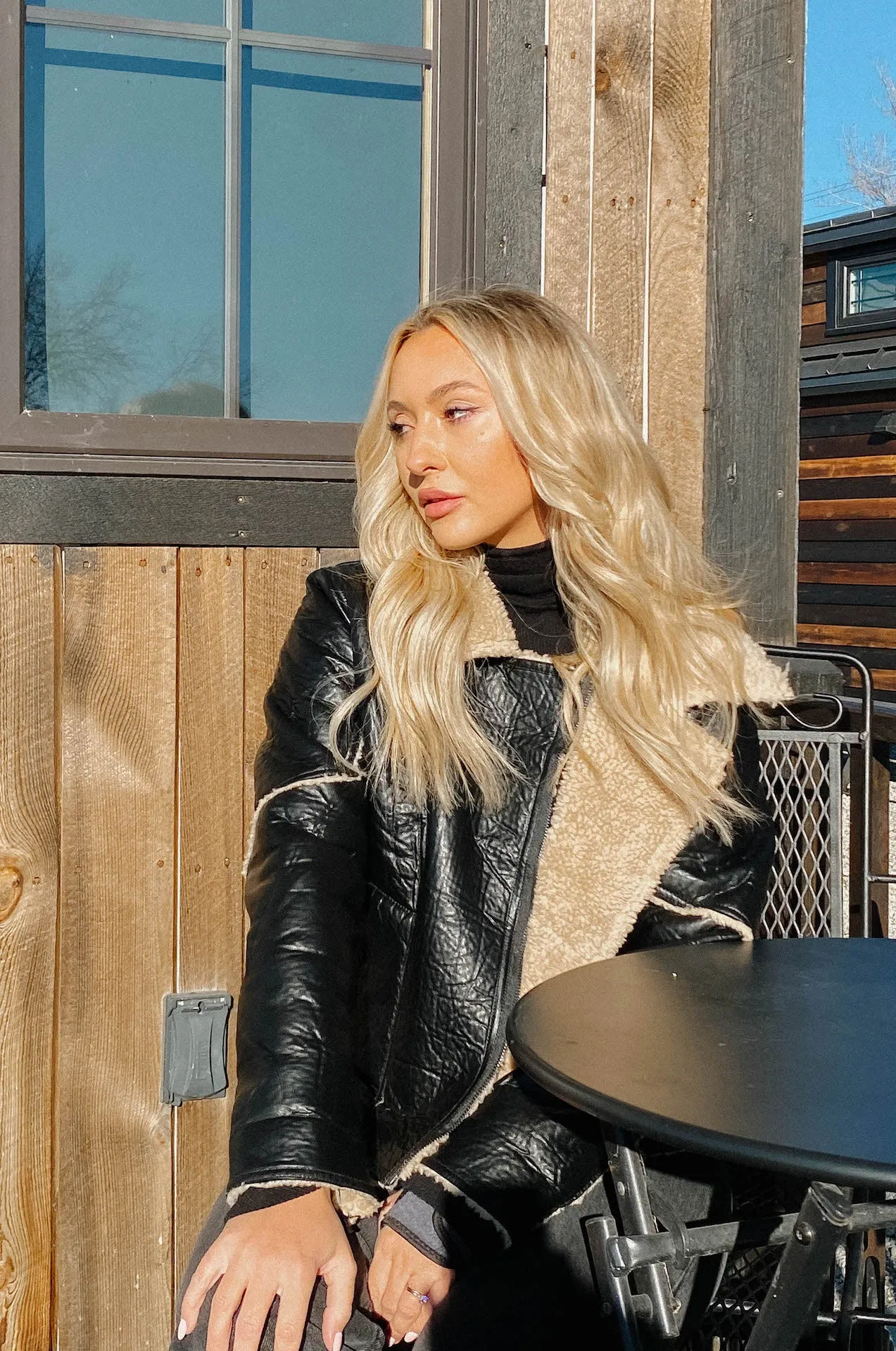 Black Leather Shearling Biker Jacket