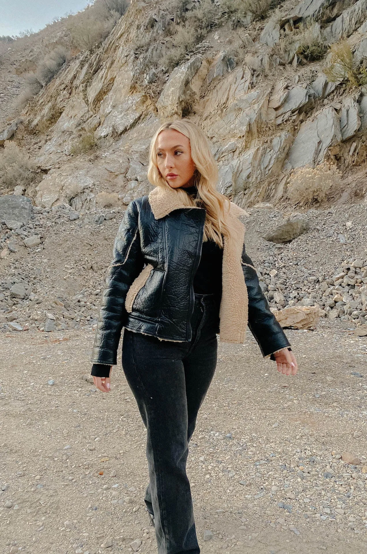 Black Leather Shearling Biker Jacket
