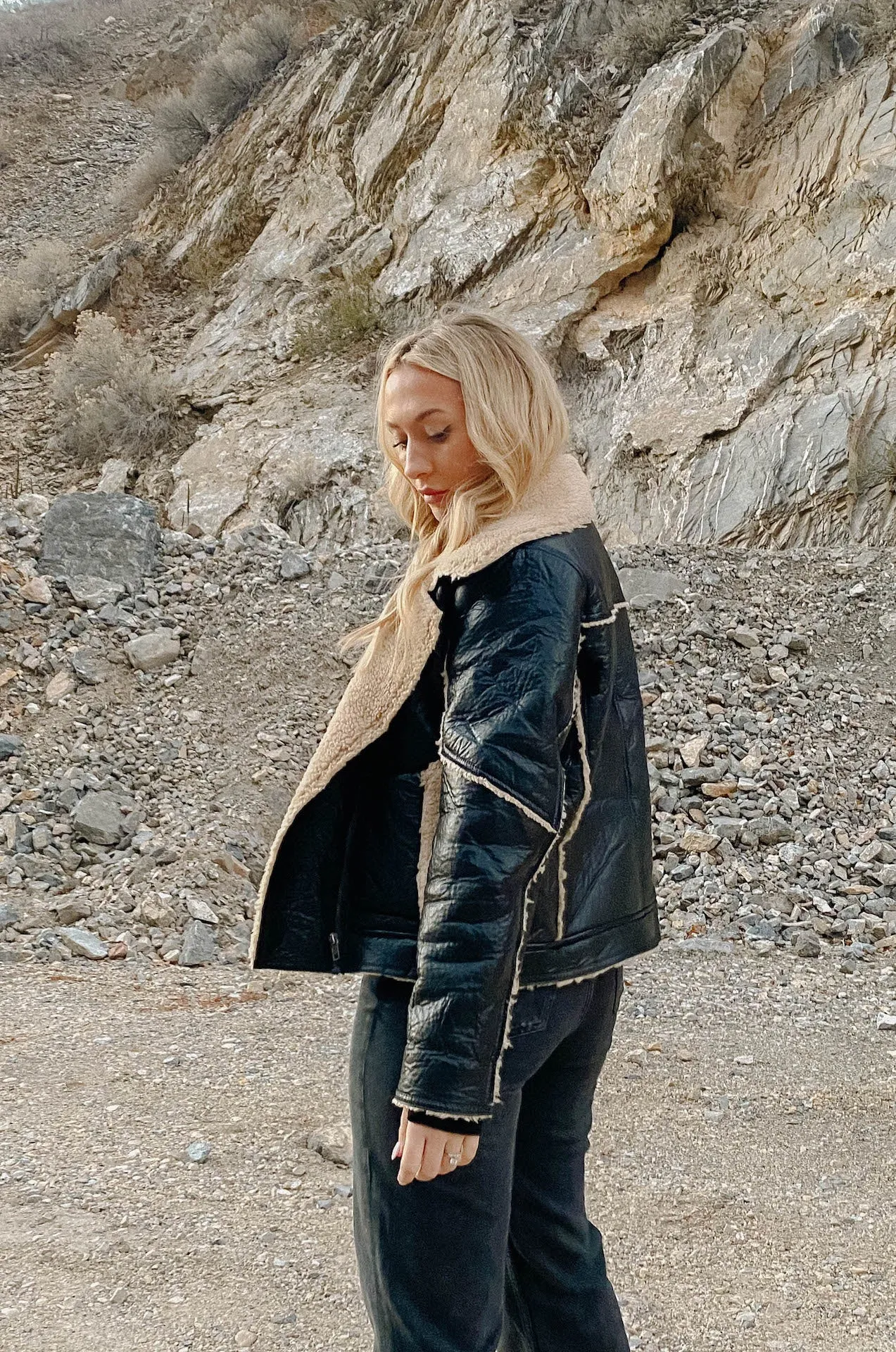Black Leather Shearling Biker Jacket