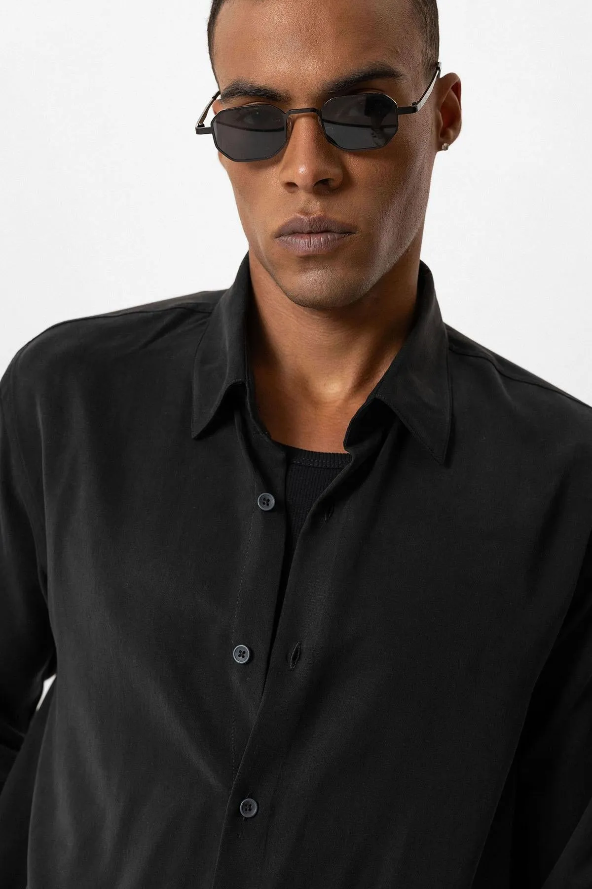 Black Technical Tencel Fabric Men's Shirt - Wessi