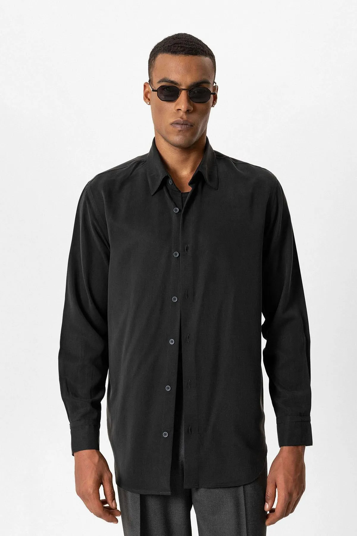Black Technical Tencel Fabric Men's Shirt - Wessi