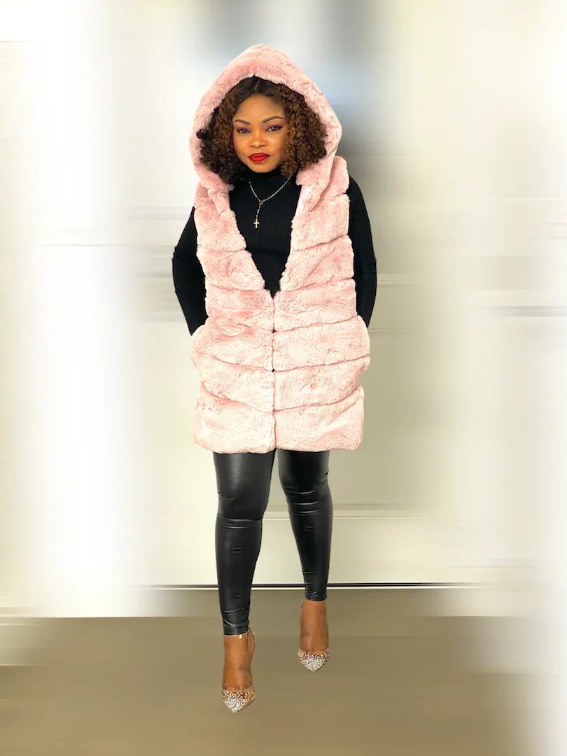 Box Cut Sleeveless Faux Fur Gilet With Hoodie-MLH