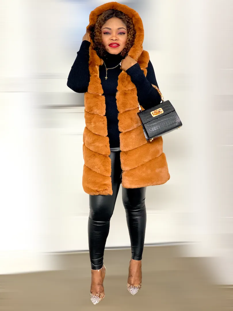 Box Cut Sleeveless Faux Fur Gilet With Hoodie-MLH