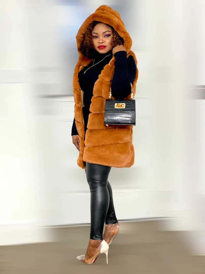 Box Cut Sleeveless Faux Fur Gilet With Hoodie-MLH