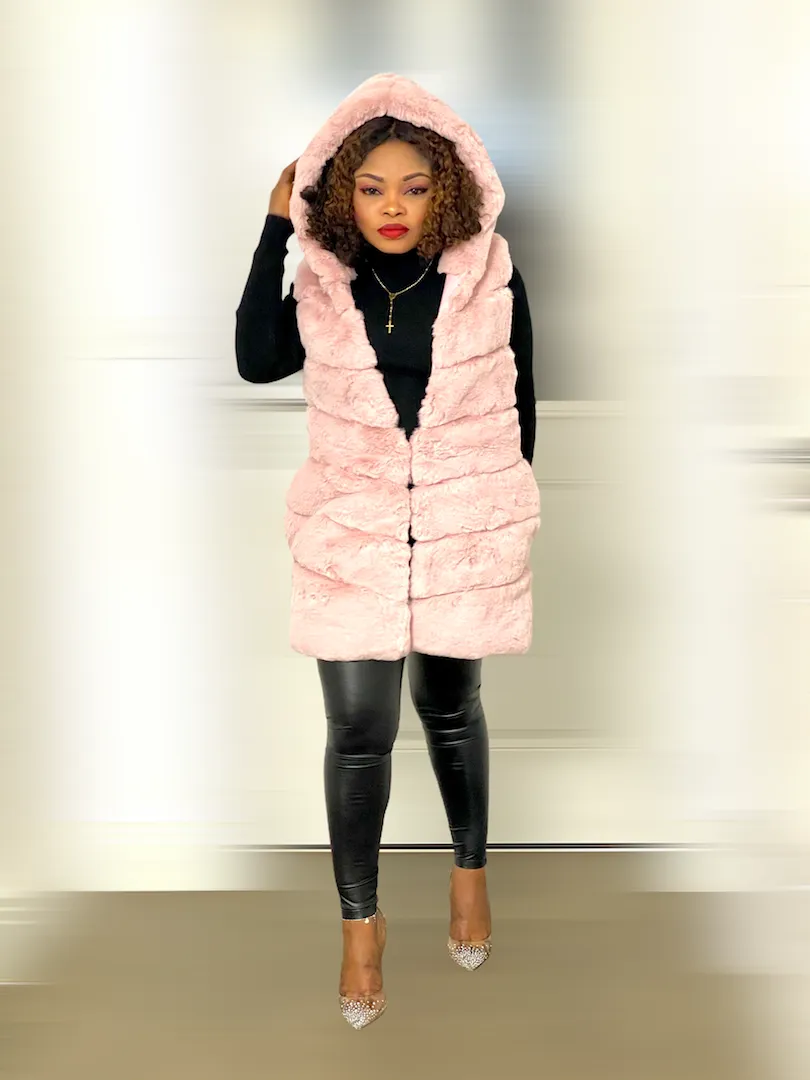 Box Cut Sleeveless Faux Fur Gilet With Hoodie-MLH