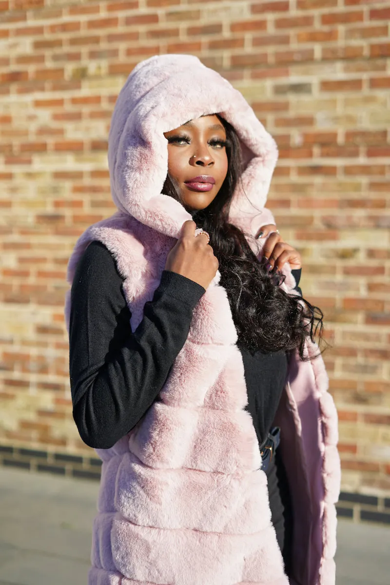 Box Cut Sleeveless Faux Fur Gilet With Hoodie-MLH