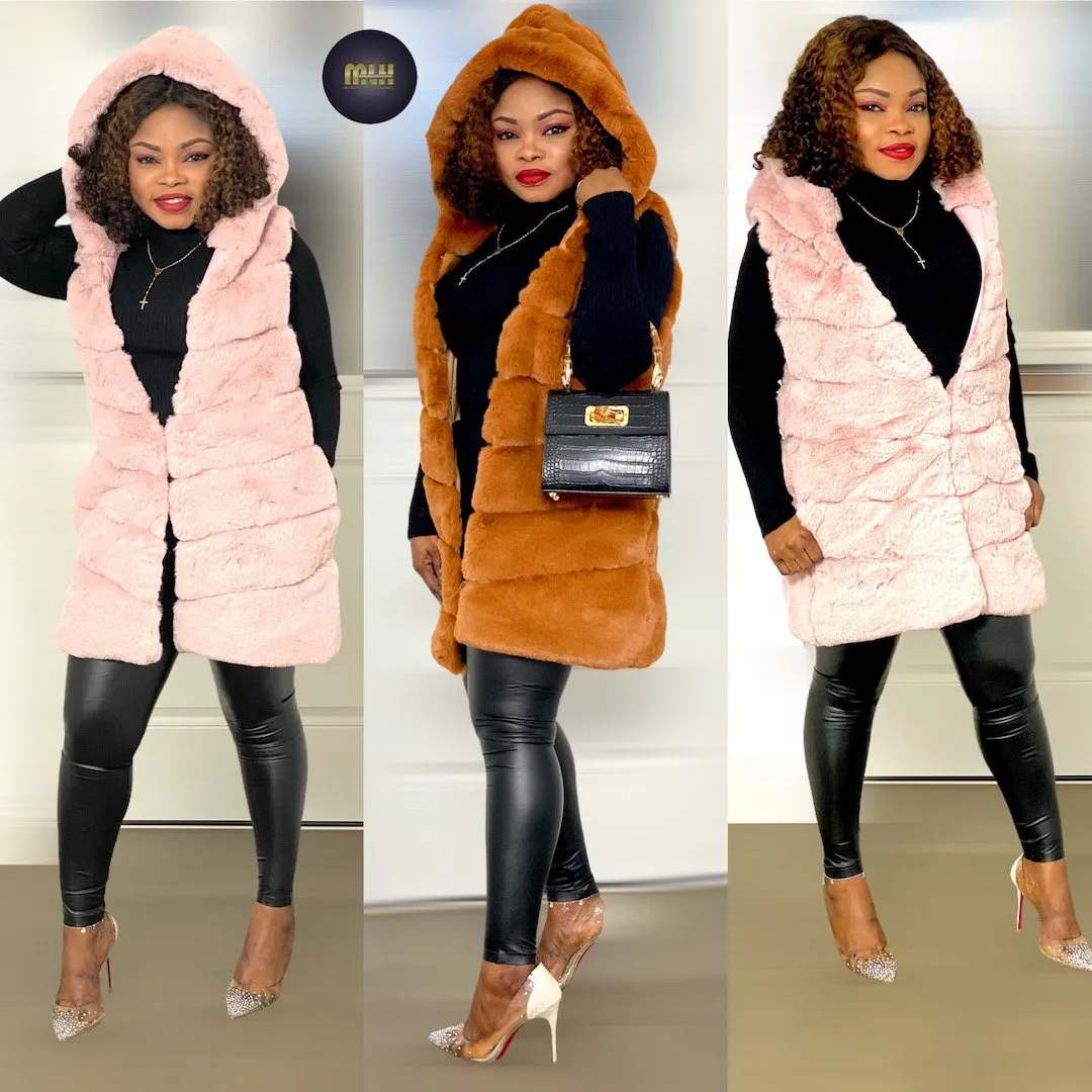 Box Cut Sleeveless Faux Fur Gilet With Hoodie-MLH