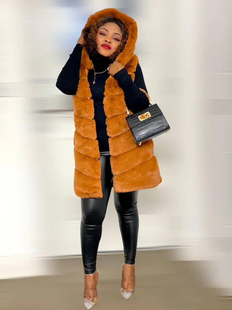 Box Cut Sleeveless Faux Fur Gilet With Hoodie-MLH