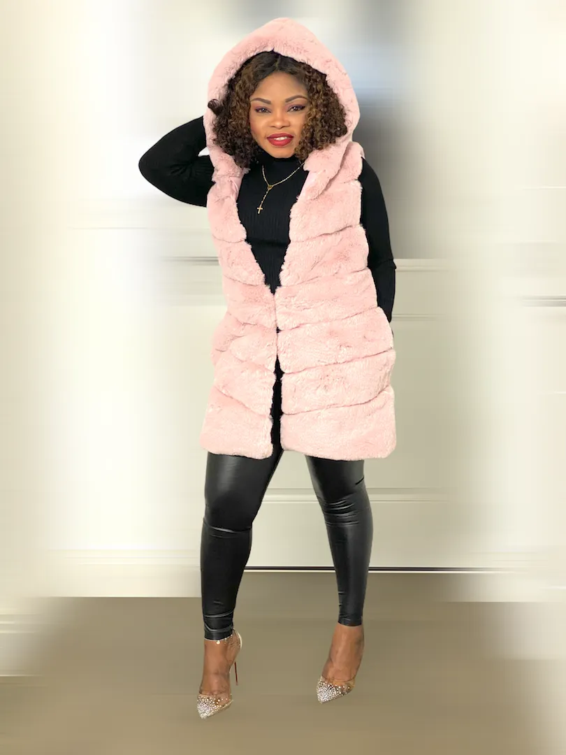 Box Cut Sleeveless Faux Fur Gilet With Hoodie-MLH