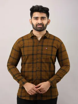 Brown Checkered Pure Cotton Formal Shirt