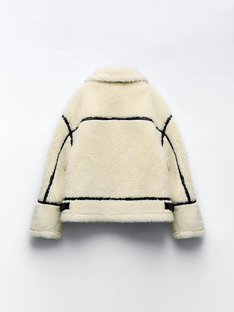 Chicmy-nye outfits Elegant Winter Wool Fur Jacket Women Motorcycle Teddy Long Sleeve Stand Collar Double Faced Coat Female Winter Bike Streetwear