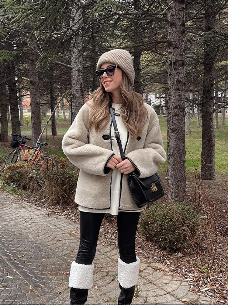 Chicmy-nye outfits Elegant Winter Wool Fur Jacket Women Motorcycle Teddy Long Sleeve Stand Collar Double Faced Coat Female Winter Bike Streetwear