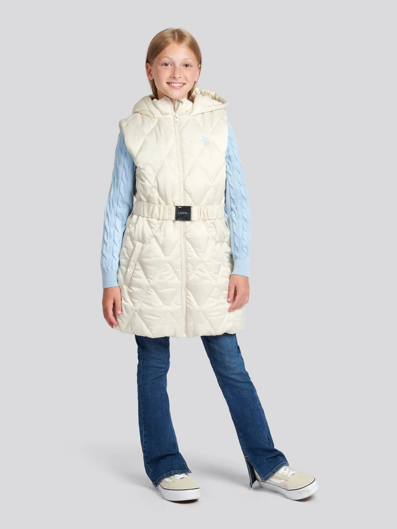Girls Longline Puffer Gilet in Turtle Dove