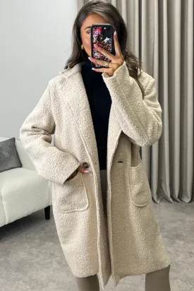 Harietta Beige Teddy Borg Button Front Longline Jacket