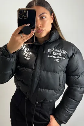 Karina Black Slogan Varsity Cropped Puffer Jacket