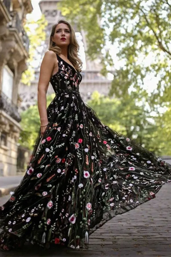 Kateprom Exquisite V neck Lace Prom Dresses Long Floral Formal Gowns KPP1363