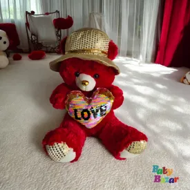 Large Size Glamorous Soft Red Sequin Heart Bear with Stylish Hat