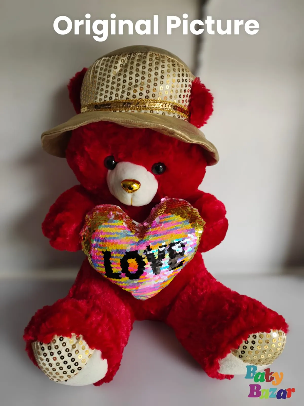 Large Size Glamorous Soft Red Sequin Heart Bear with Stylish Hat