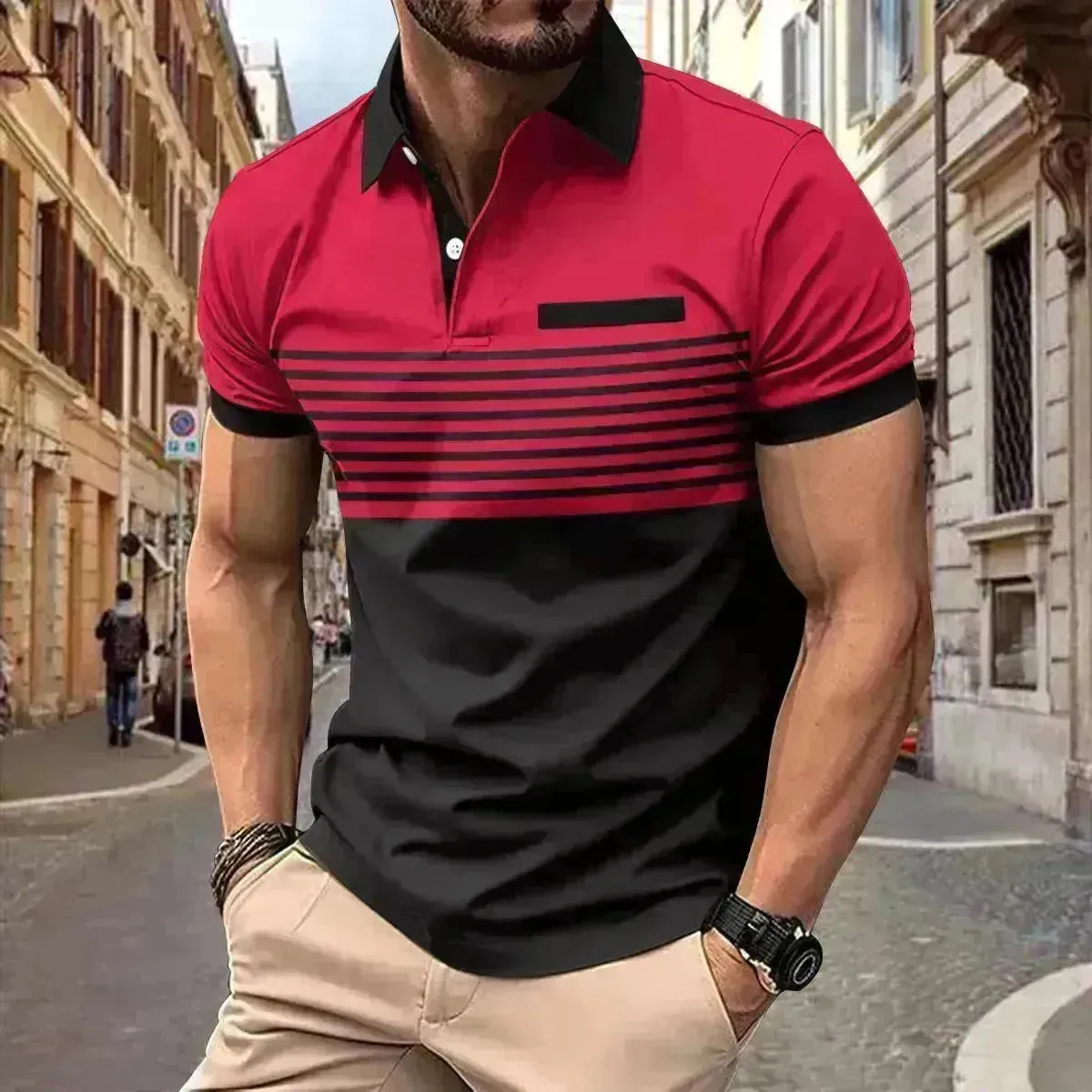 Men's Casual Striped polo T-Shirt With  fake Chest Pocket