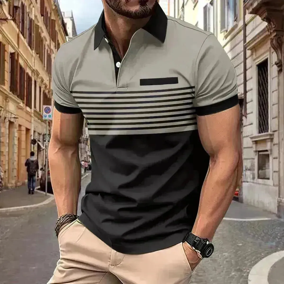 Men's Casual Striped polo T-Shirt With  fake Chest Pocket