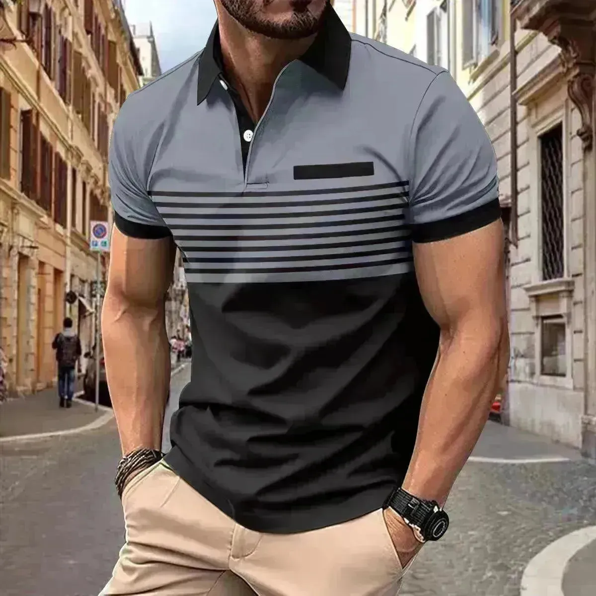 Men's Casual Striped polo T-Shirt With  fake Chest Pocket