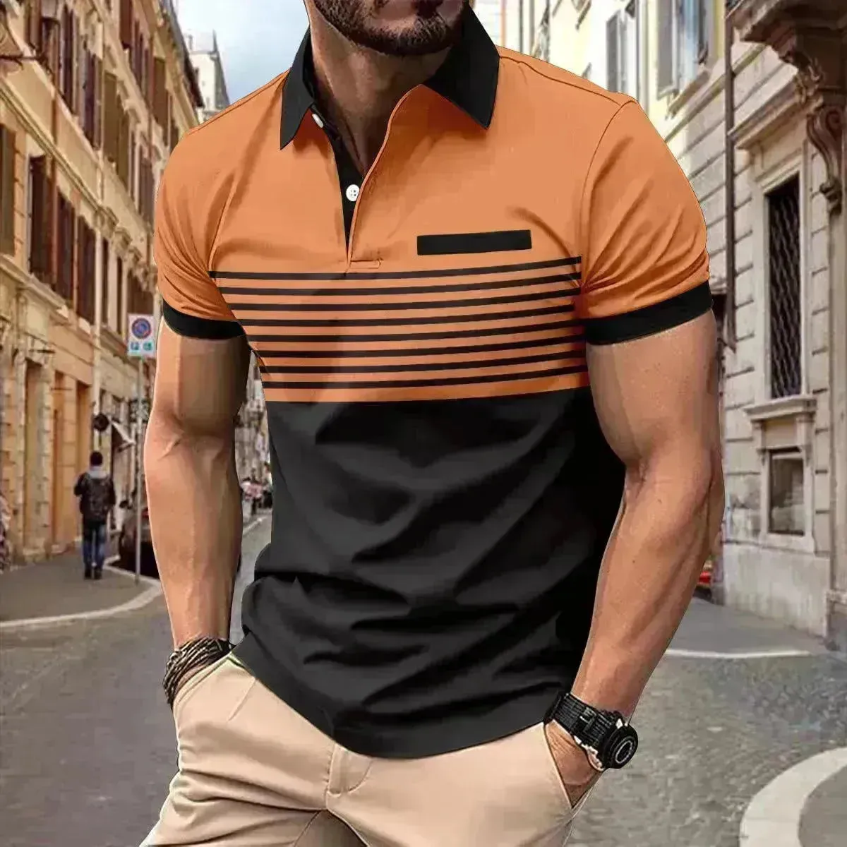 Men's Casual Striped polo T-Shirt With  fake Chest Pocket