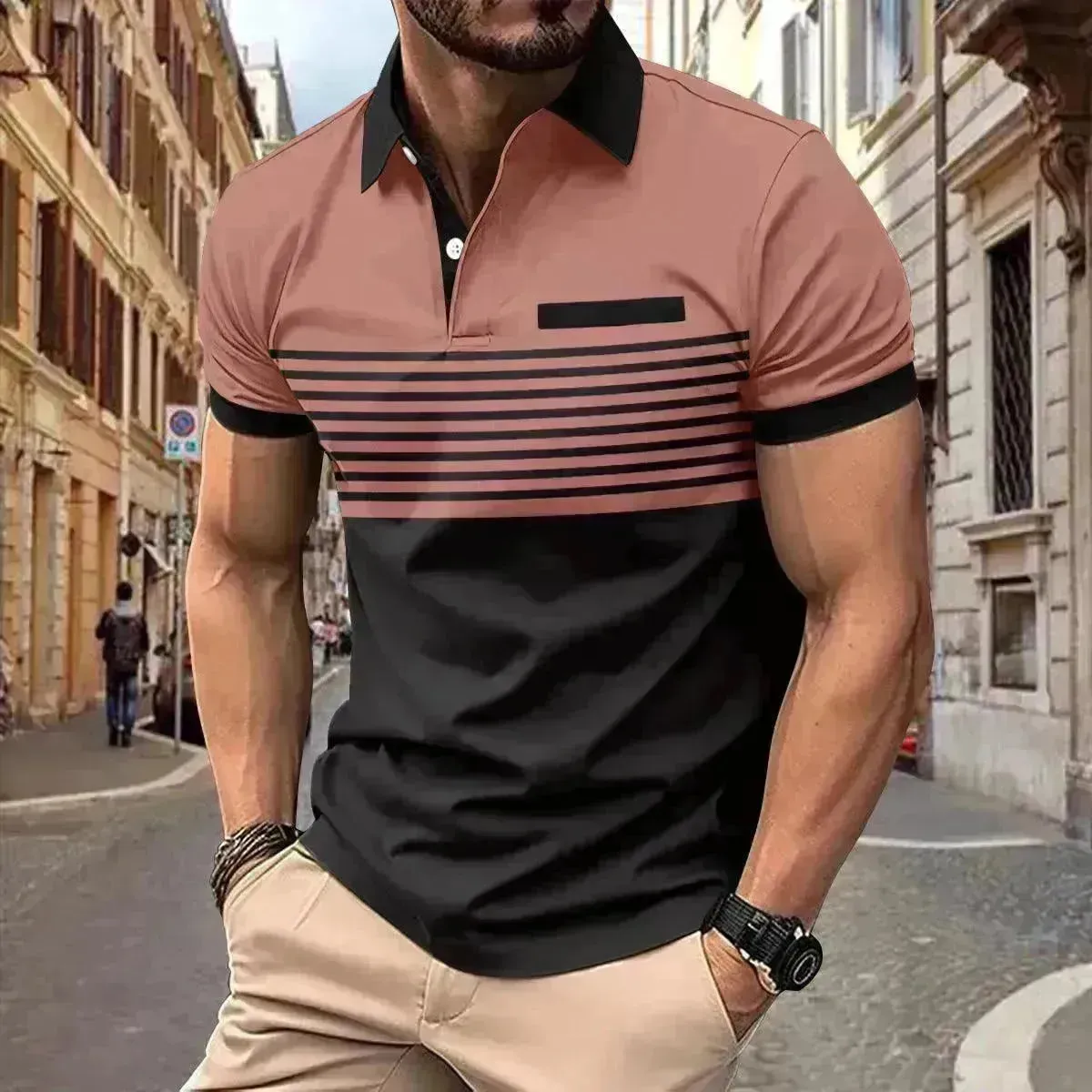 Men's Casual Striped polo T-Shirt With  fake Chest Pocket