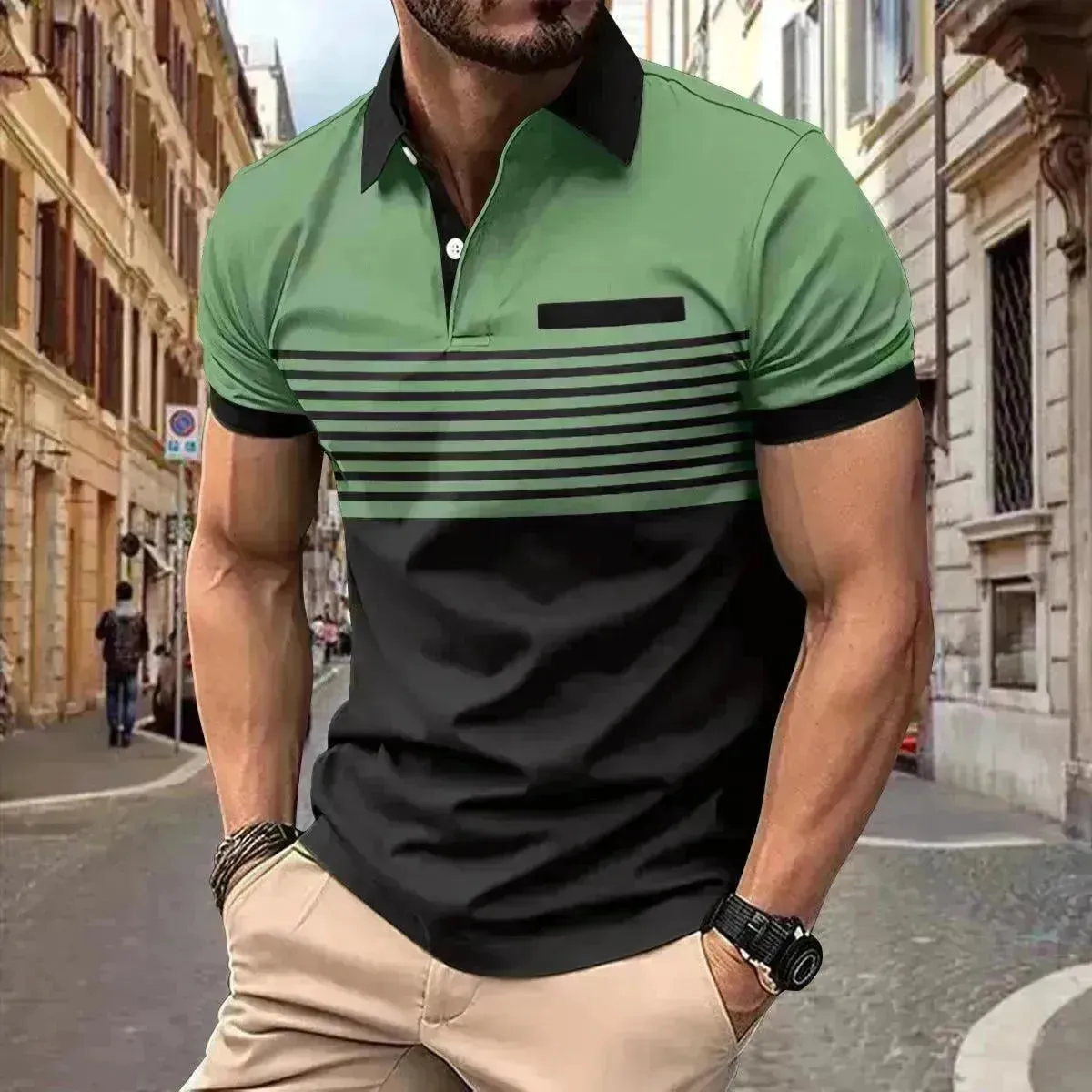 Men's Casual Striped polo T-Shirt With  fake Chest Pocket