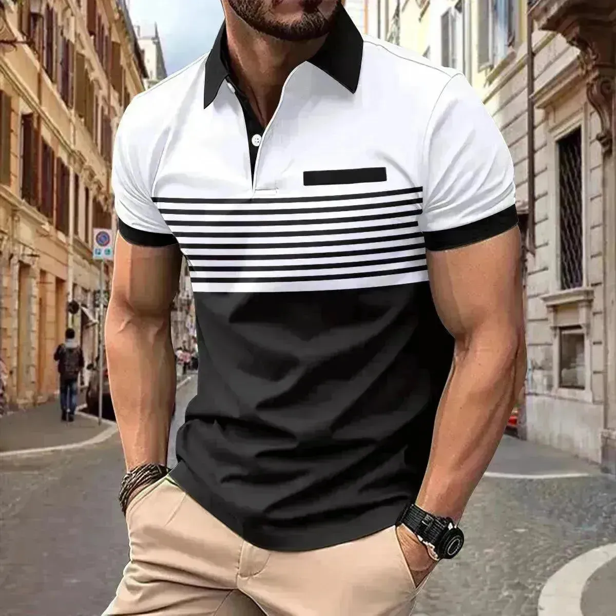 Men's Casual Striped polo T-Shirt With  fake Chest Pocket