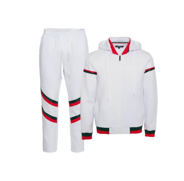 Premium GG Men's White Jogging Set with Hoodie Jacket Red and Green Strip