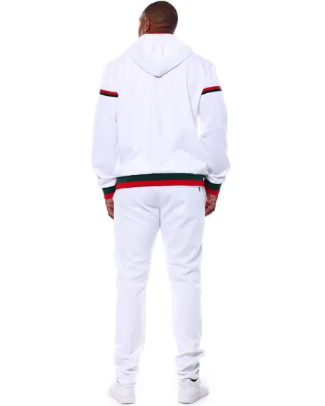 Premium GG Men's White Jogging Set with Hoodie Jacket Red and Green Strip