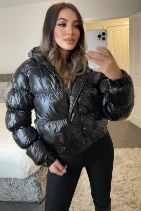 Rozi Black Wet Look Vinyl Hooded Puffer Jacket