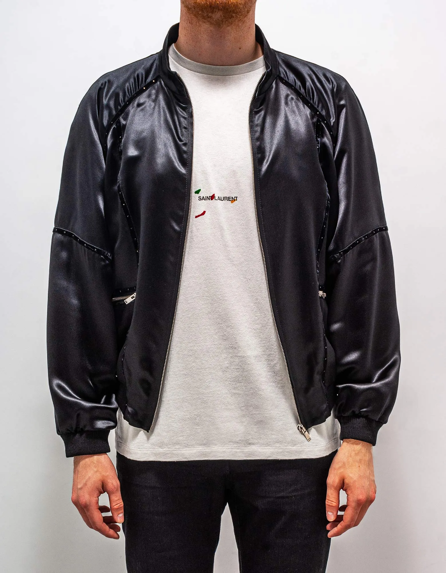 Saint Laurent Black Silk Satin 80s Teddy Jacket