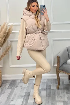 Sierra Beige Belt Hooded Padded Longline Gilet