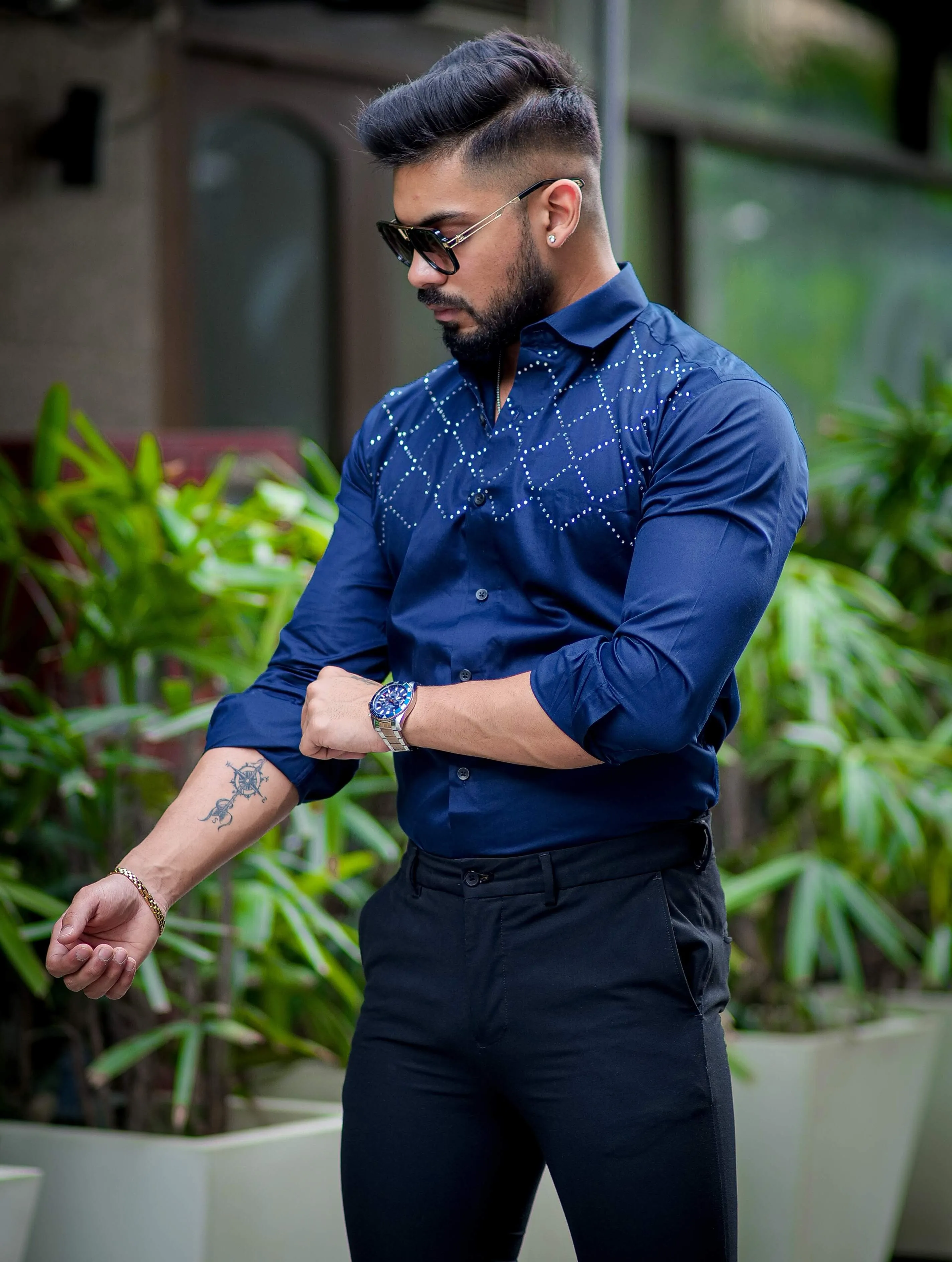 Starry Beaded Navy Blue Premium Cotton Shirt