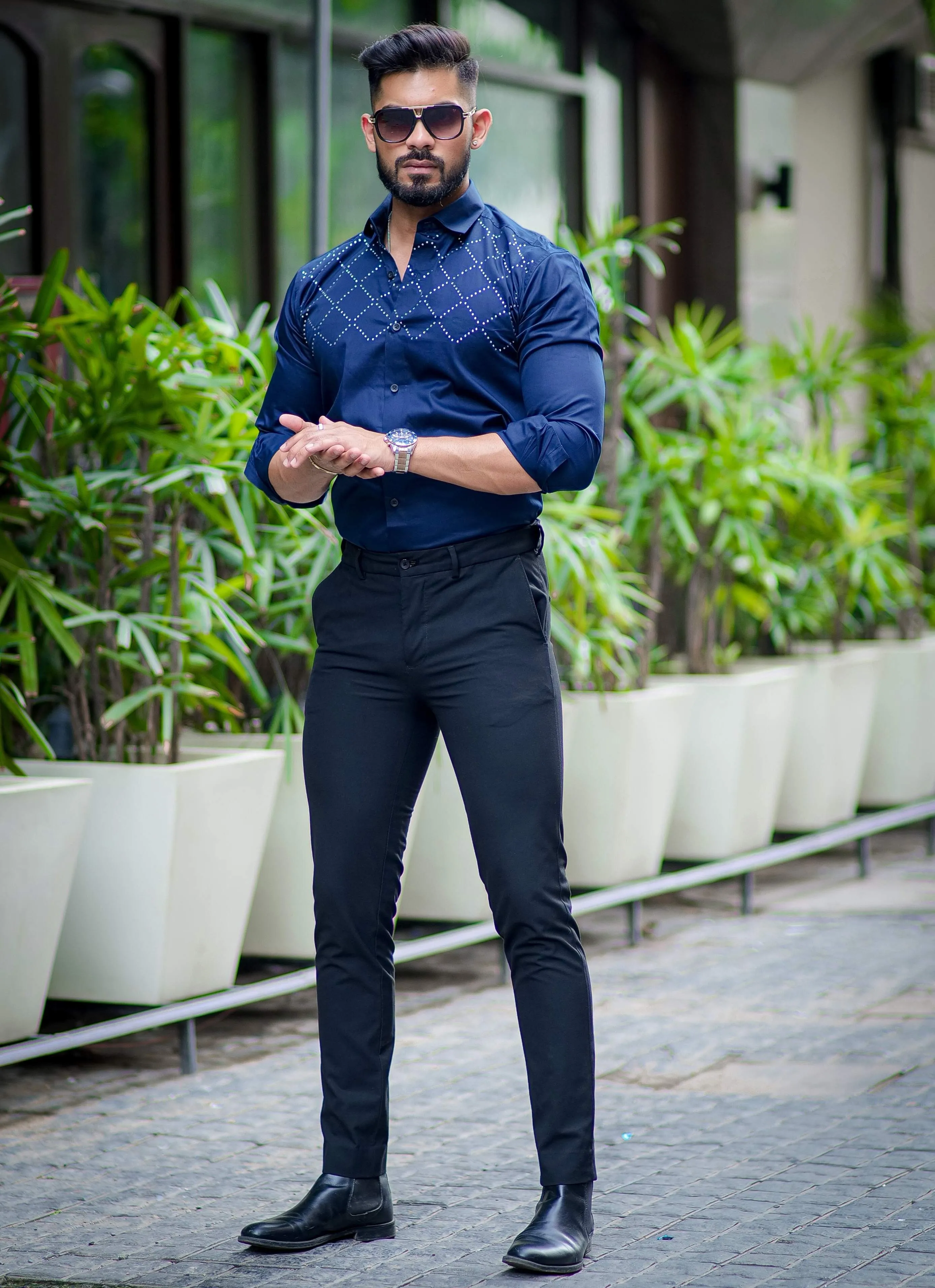 Starry Beaded Navy Blue Premium Cotton Shirt