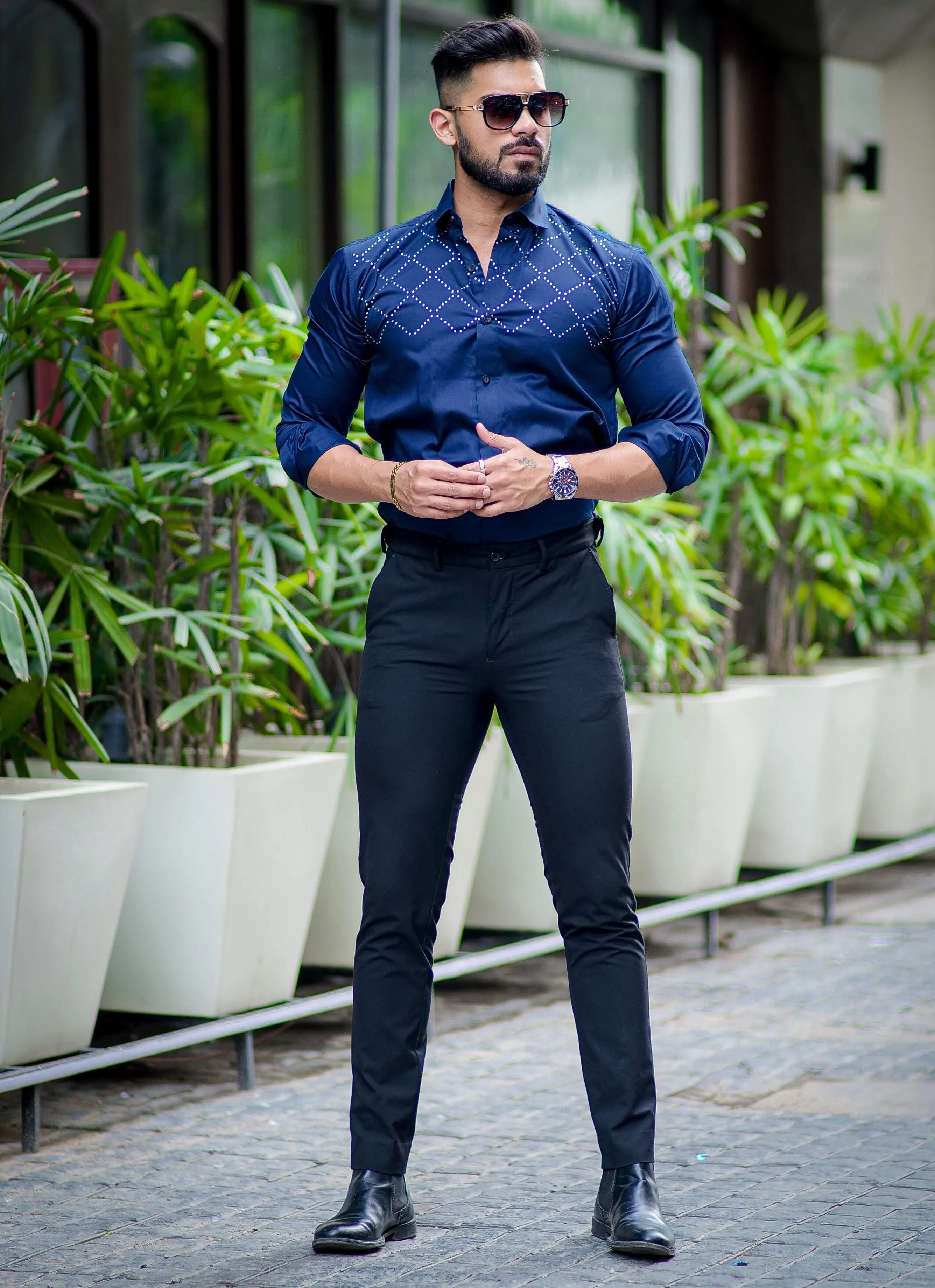 Starry Beaded Navy Blue Premium Cotton Shirt