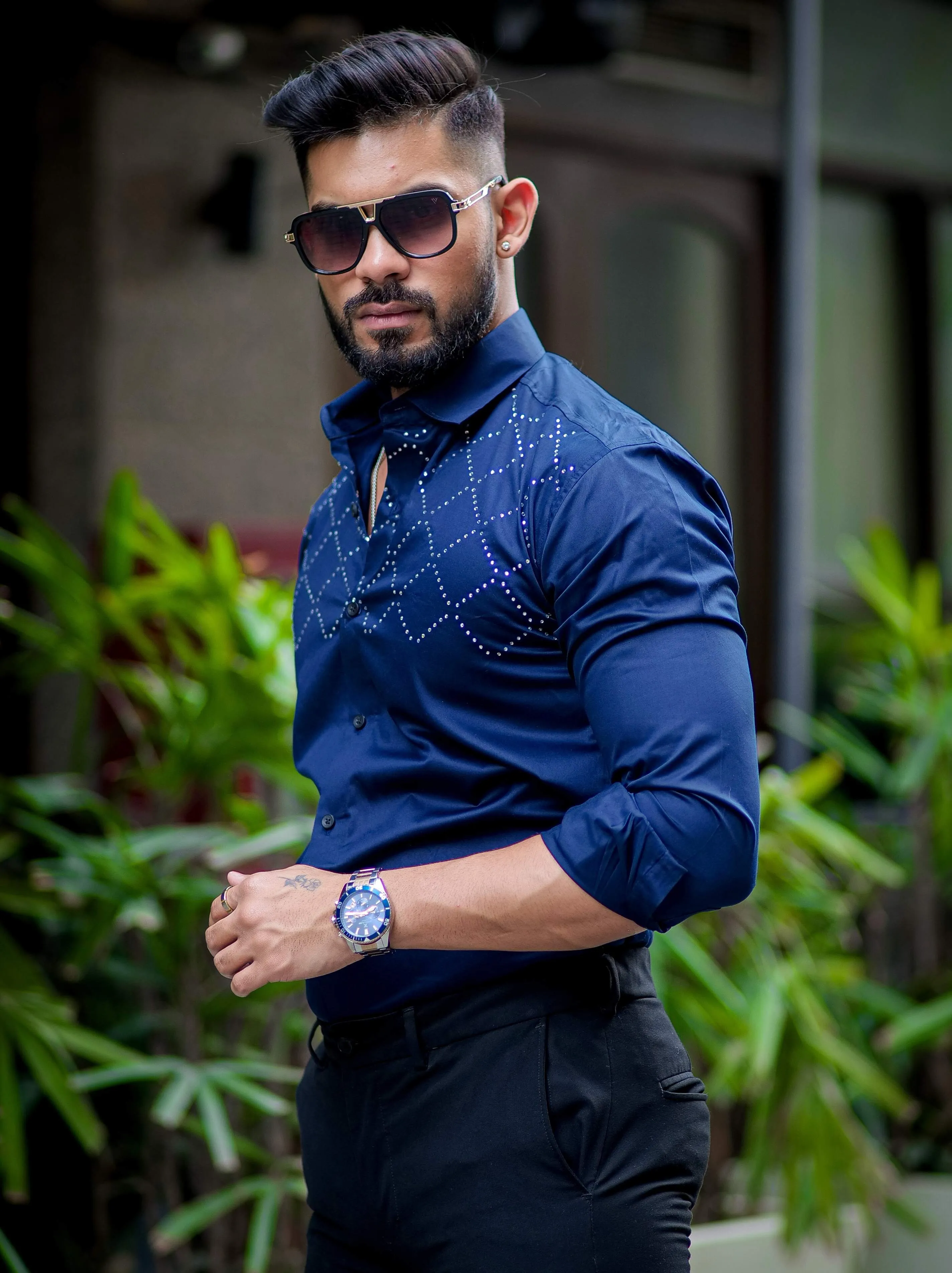Starry Beaded Navy Blue Premium Cotton Shirt