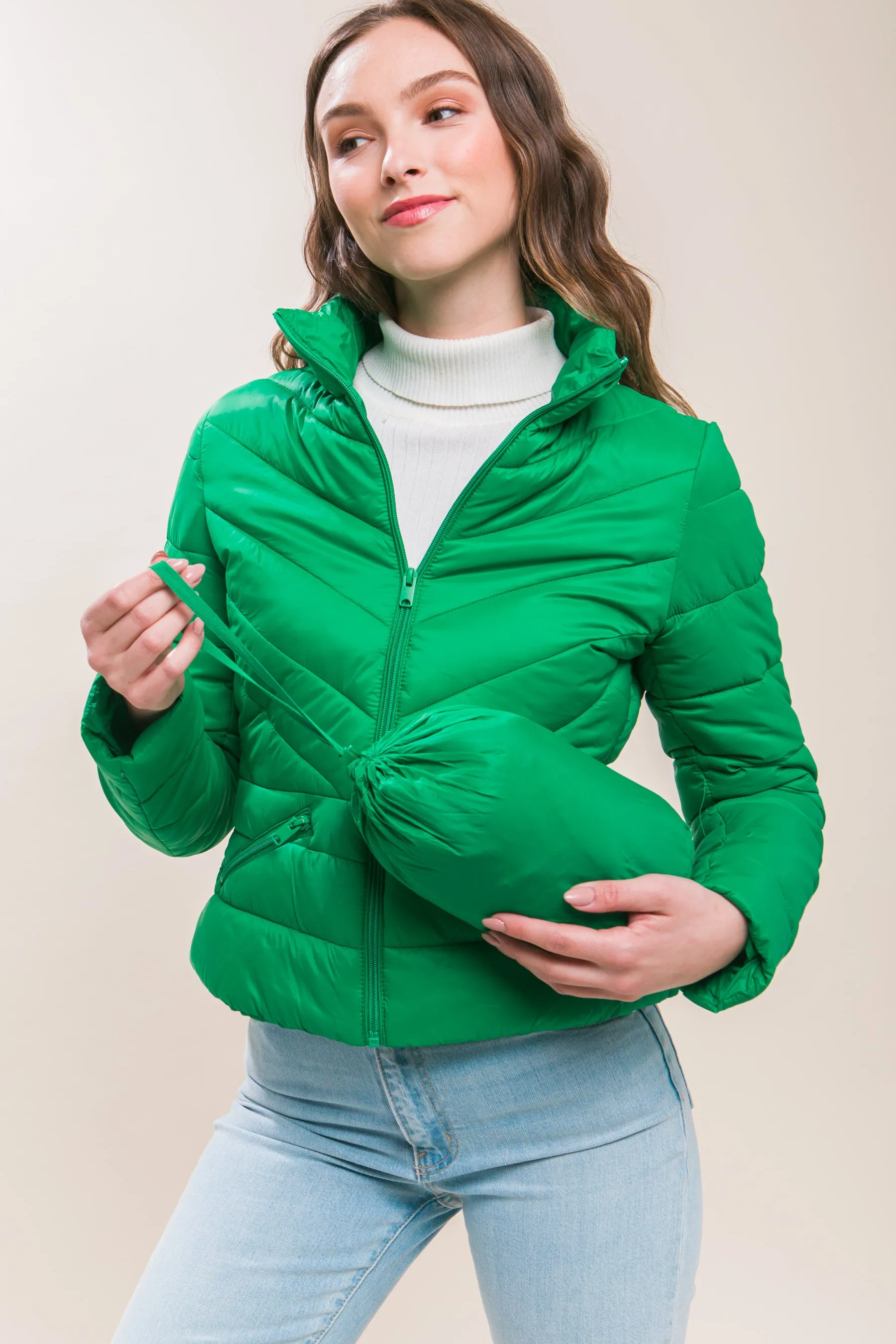 Zip Up Puffer Jacket With Storage Bag