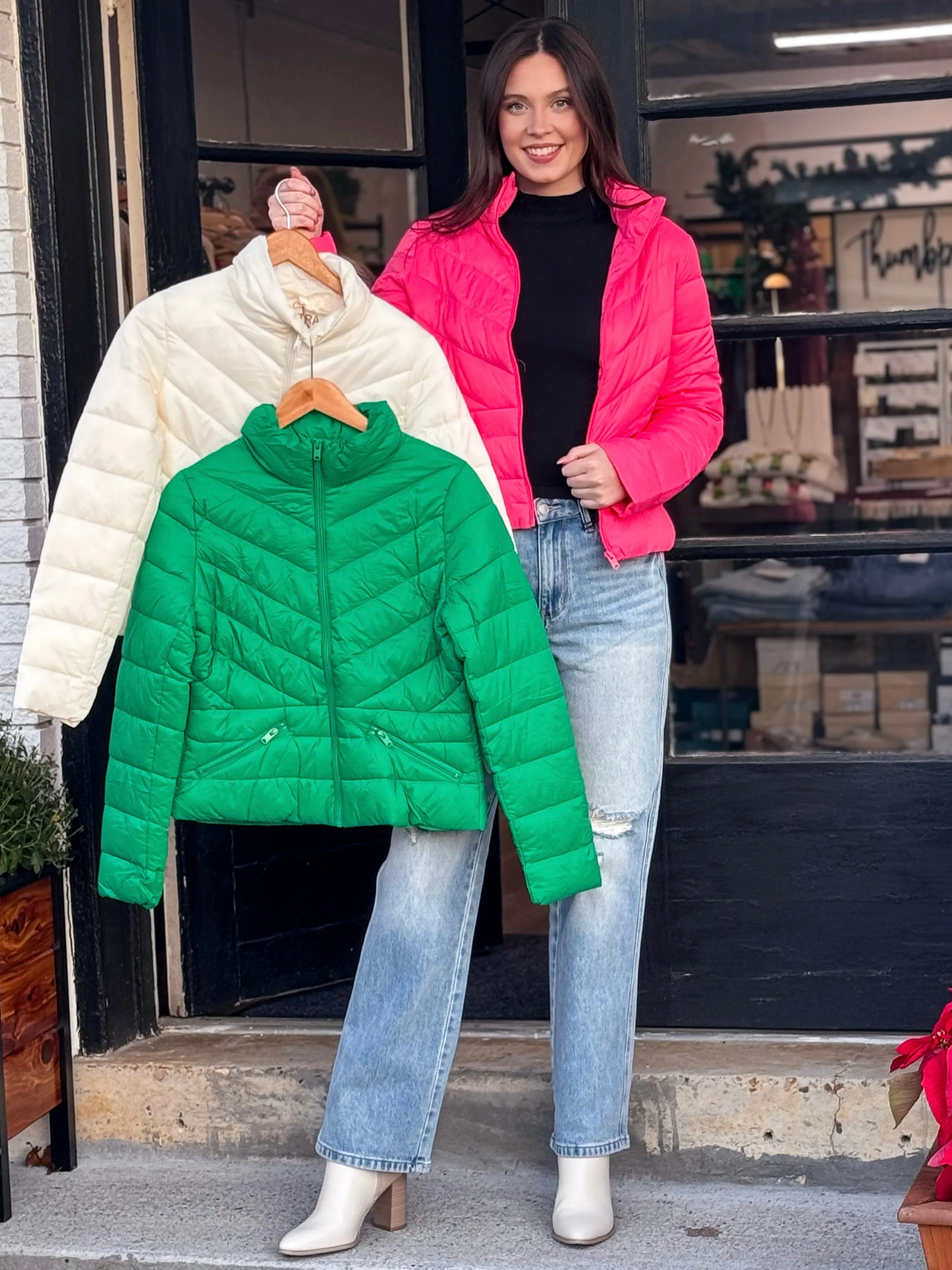 Zip Up Puffer Jacket With Storage Bag